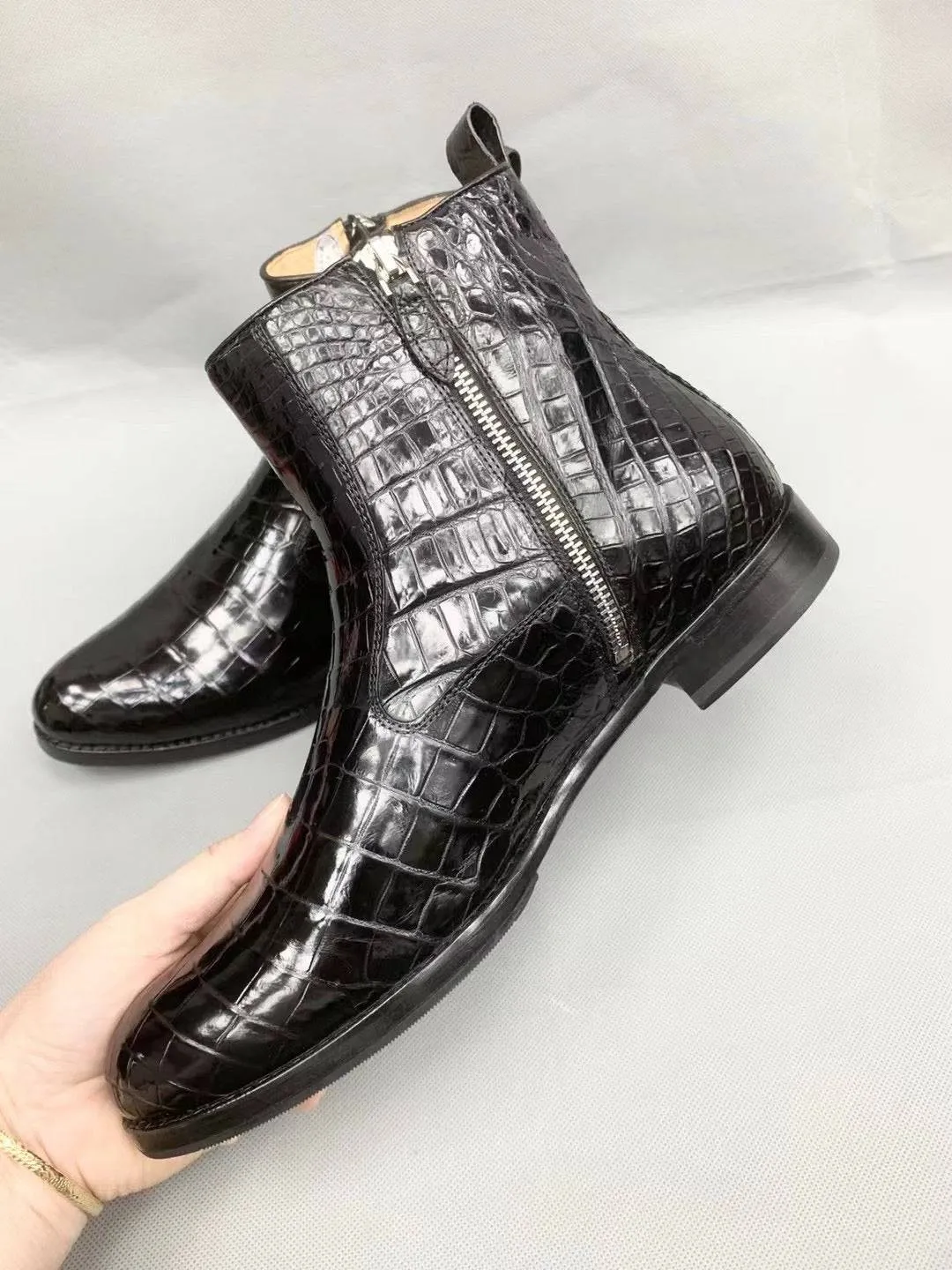 Crocodile Shoes Men Black Ankle Crocodile  Leather Boot, Men Side Zipper Boot, Men Crocodile Leather Boots Cozy Look Trendy Step