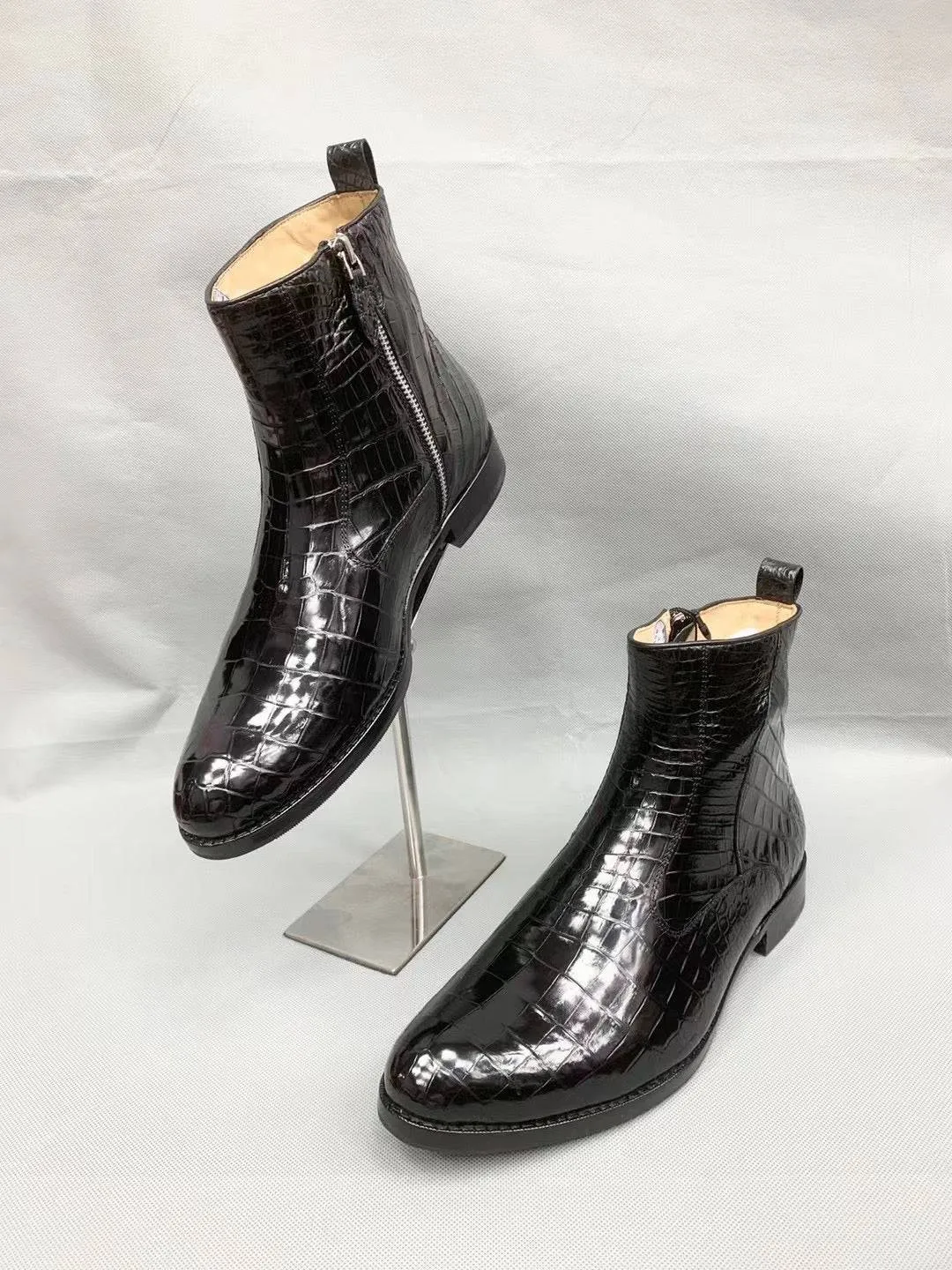 Crocodile Shoes Men Black Ankle Crocodile  Leather Boot, Men Side Zipper Boot, Men Crocodile Leather Boots Drink Fest Food Glow