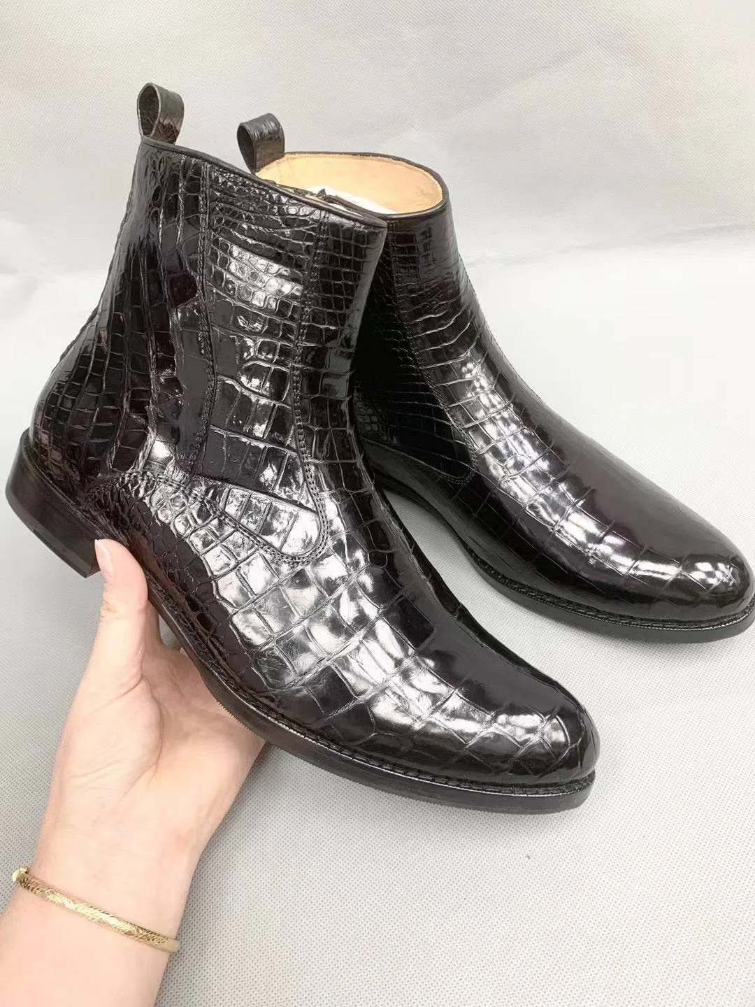 Sun Deck Crocodile Shoes Men Black Ankle Crocodile  Leather Boot, Men Side Zipper Boot, Men Crocodile Leather Boots