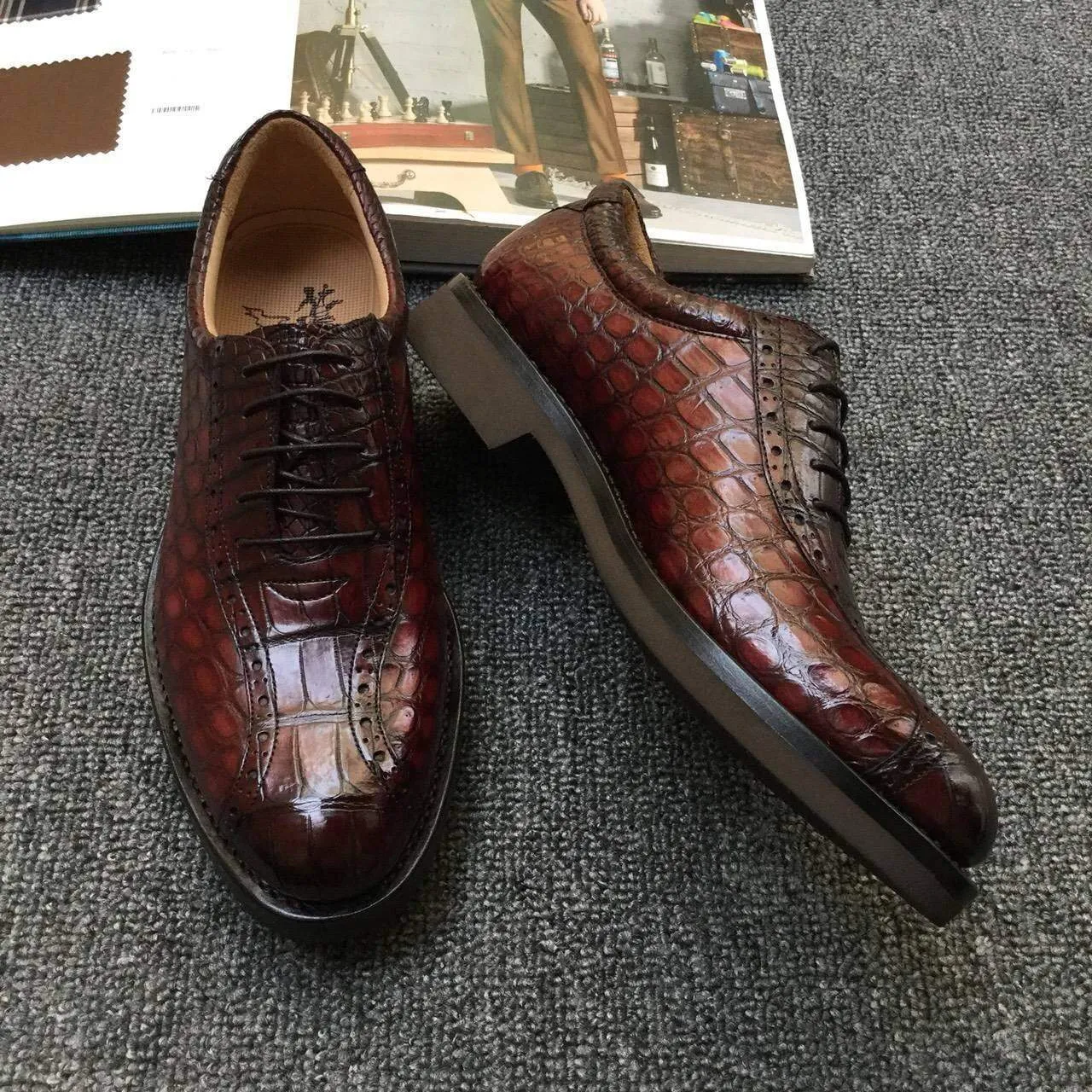 Space Save Stable Crocodile Shoes Men s Crocodile Leather Hand-Painted  Lace-Up Shoes ,Goodyear Welted  Brogue Shoes
