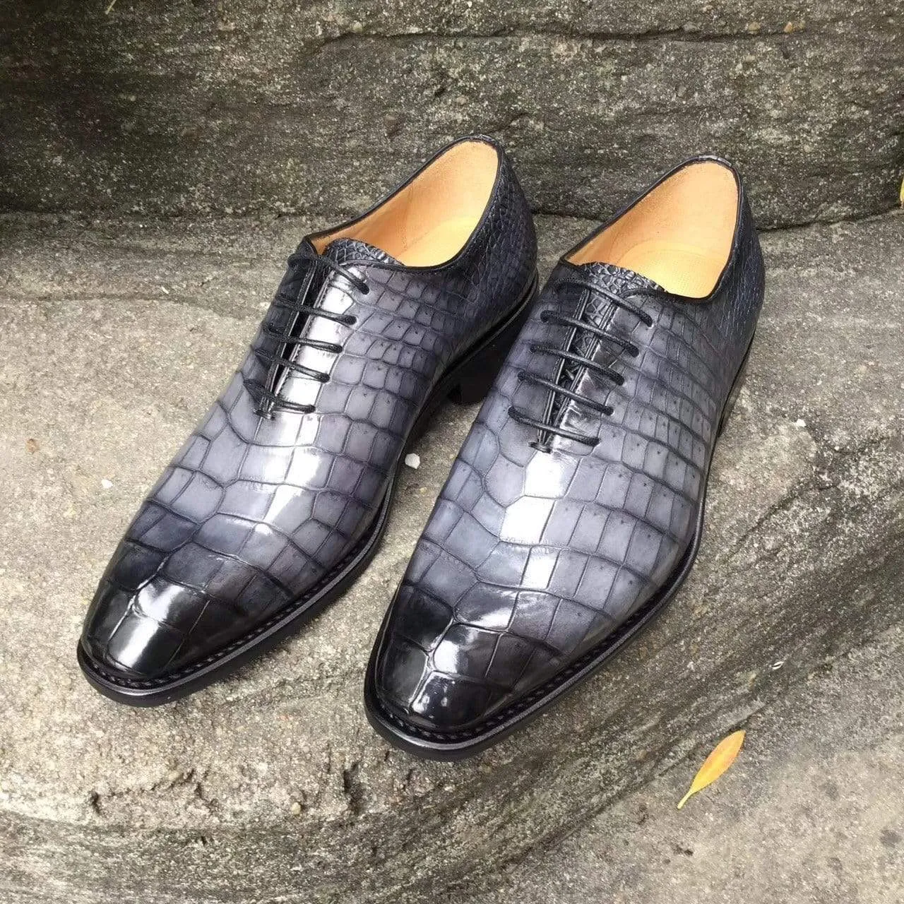 Crocodile Shoes Men s Crocodile Leather Shoes  Grey Lace-Up Shoes ,Goodyear Sole Star Night Lightweight Casual Shoes