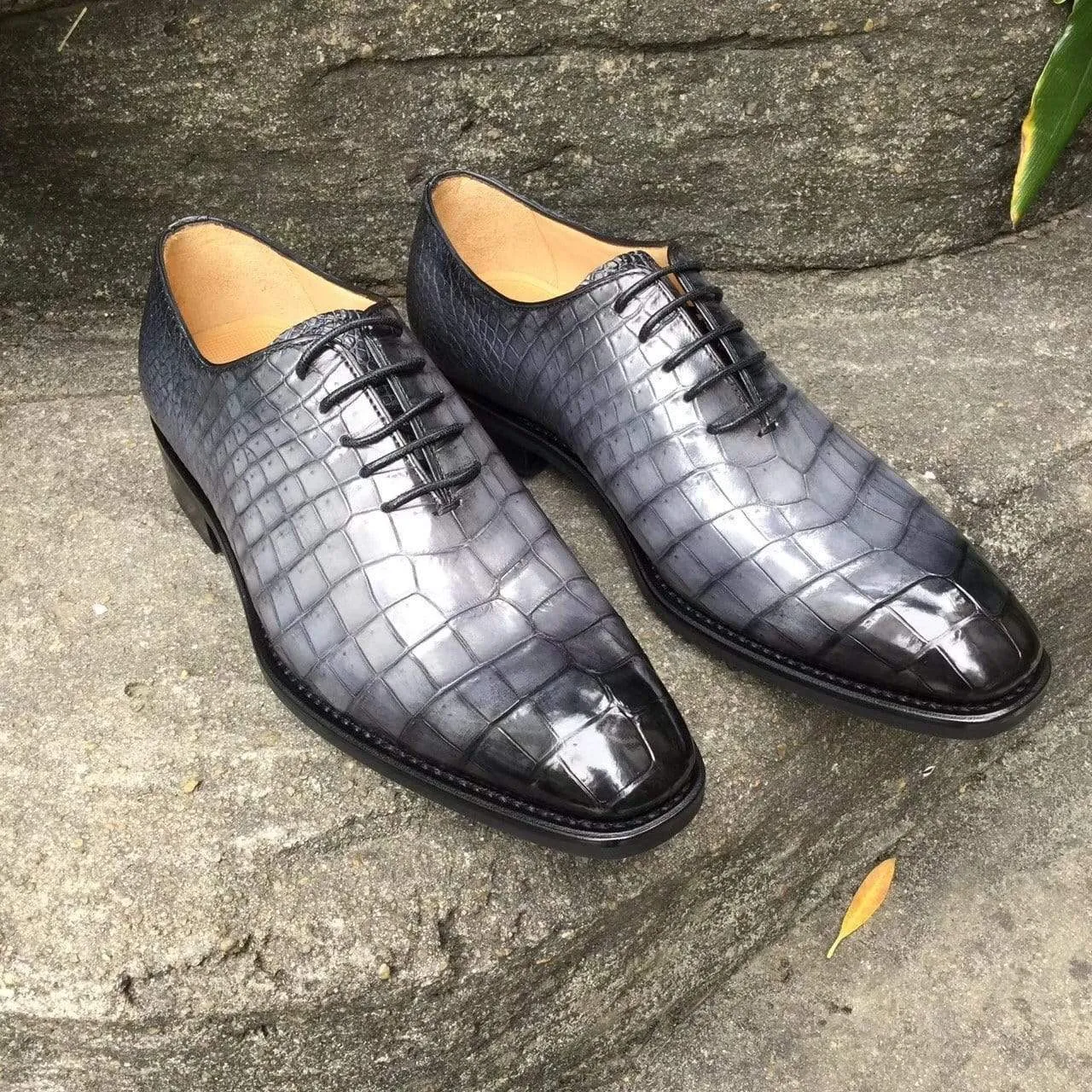 Smooth Fit Crocodile Shoes Men s Crocodile Leather Shoes  Grey Lace-Up Shoes ,Goodyear Sole