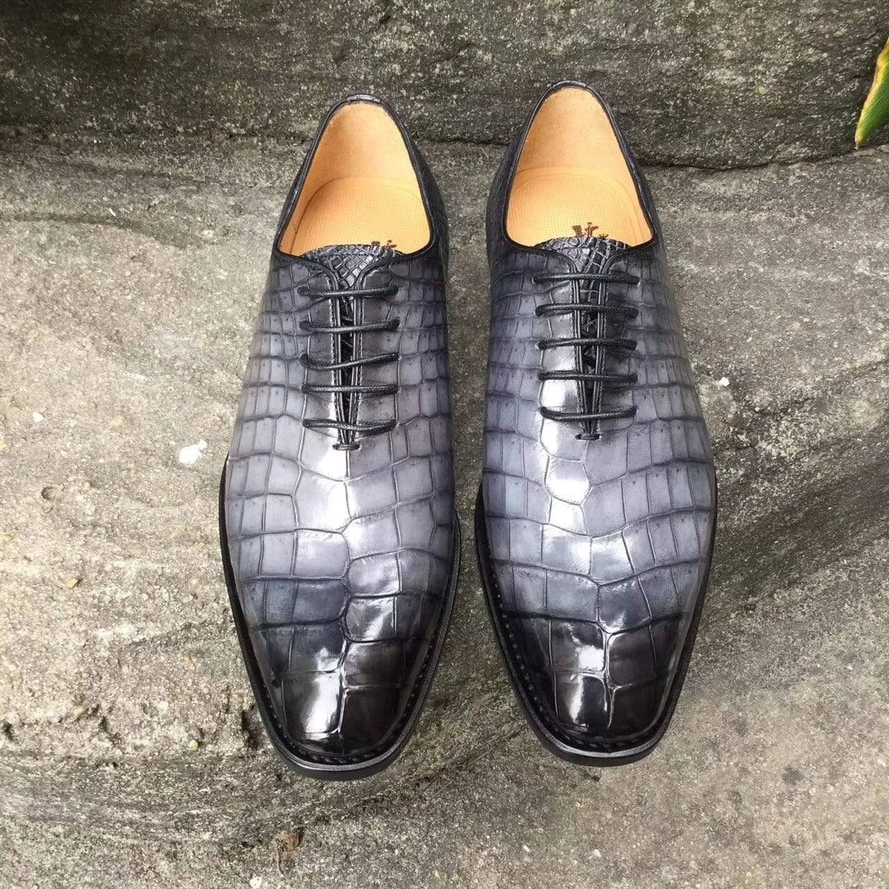Lagoon Mood Crocodile Shoes Men s Crocodile Leather Shoes  Grey Lace-Up Shoes ,Goodyear Sole