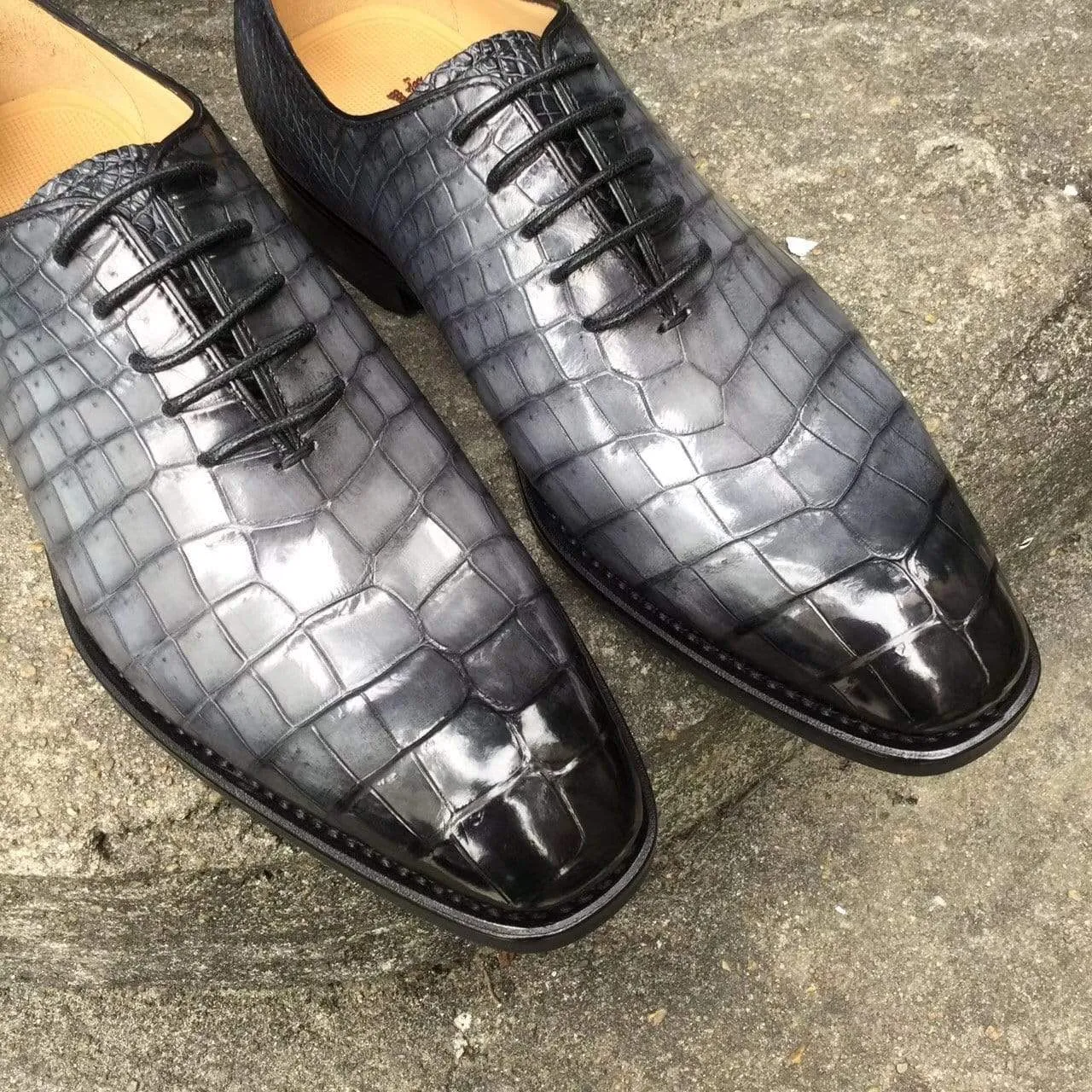 School Go Crocodile Shoes Men s Crocodile Leather Shoes  Grey Lace-Up Shoes ,Goodyear Sole