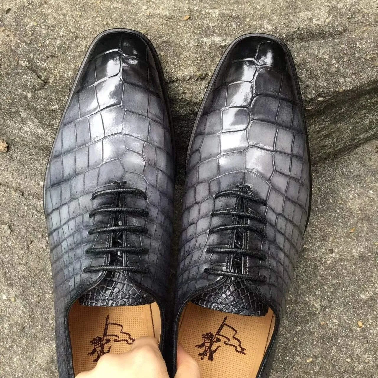 Timeless Design Flats Crocodile Shoes Men s Crocodile Leather Shoes  Grey Lace-Up Shoes ,Goodyear Sole