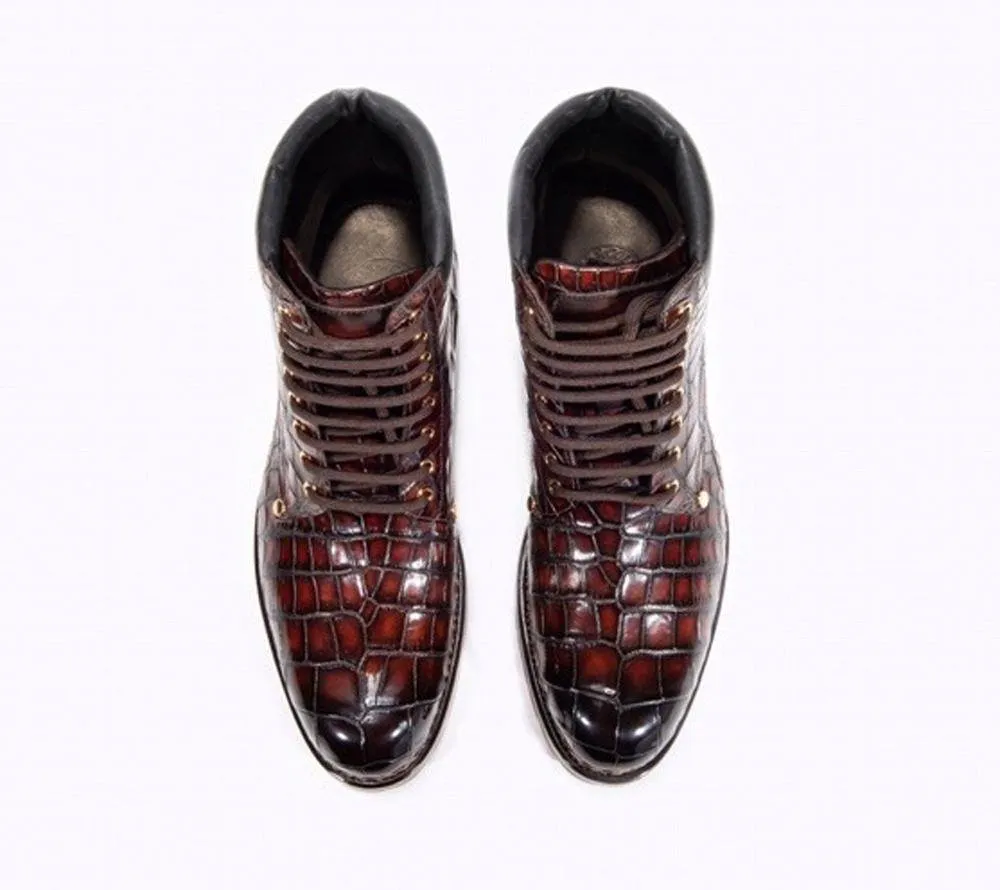 Crocodile Shoes Mens Boots Genuine Crocodile Skin Leather High-top Lace Up  Anti-Slip Boot Wine Red Tall friendly