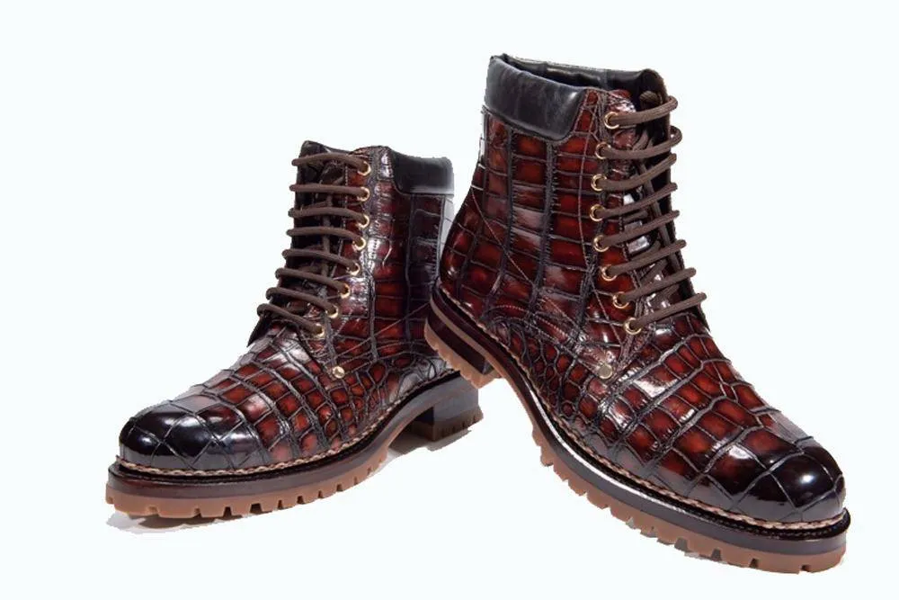 Crocodile Shoes Mens Boots Genuine Crocodile Skin Leather High-top Lace Up  Anti-Slip Boot Wine Red Adjustable Straps