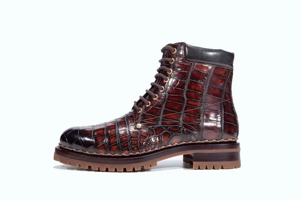 Crocodile Shoes Mens Boots Genuine Crocodile Skin Leather High-top Lace Up  Anti-Slip Boot Wine Red Classic Sole Easy Fit Shoes