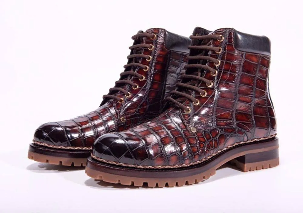 Crocodile Shoes Mens Boots Genuine Crocodile Skin Leather High-top Lace Up  Anti-Slip Boot Wine Red Comfortable Support Flexible Material