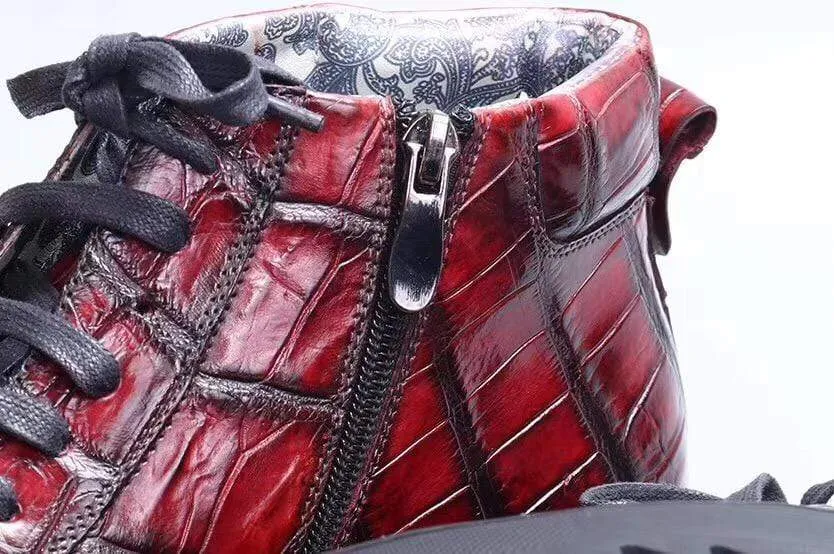 Adjustable Fit Harbor Look Crocodile Shoes Mens Brushed Crocodile Leather Lace Up Boots Wine Red