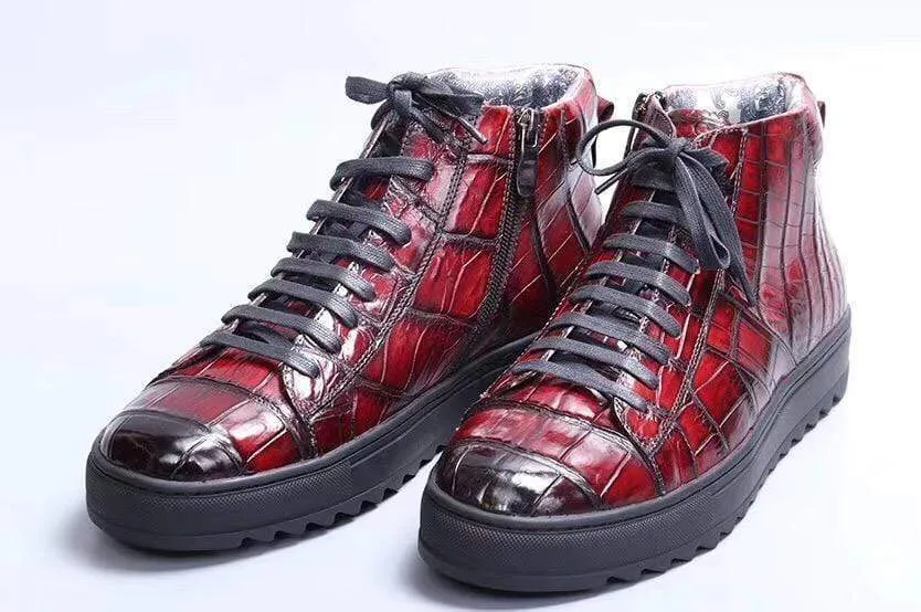Leaf Lane Crocodile Shoes Mens Brushed Crocodile Leather Lace Up Boots Wine Red