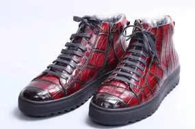 Leaf Lane Crocodile Shoes Mens Brushed Crocodile Leather Lace Up Boots Wine Red