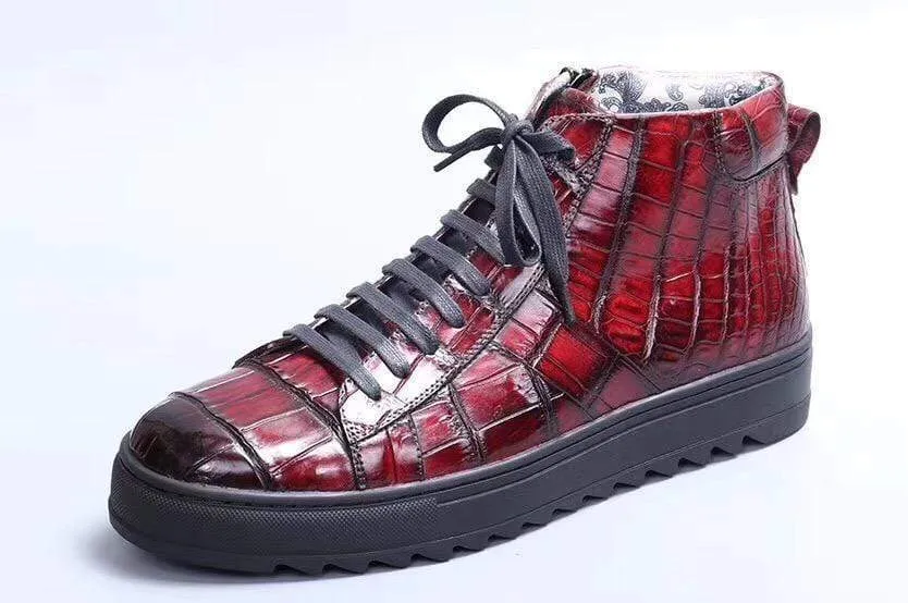 Shore Line Crocodile Shoes Mens Brushed Crocodile Leather Lace Up Boots Wine Red