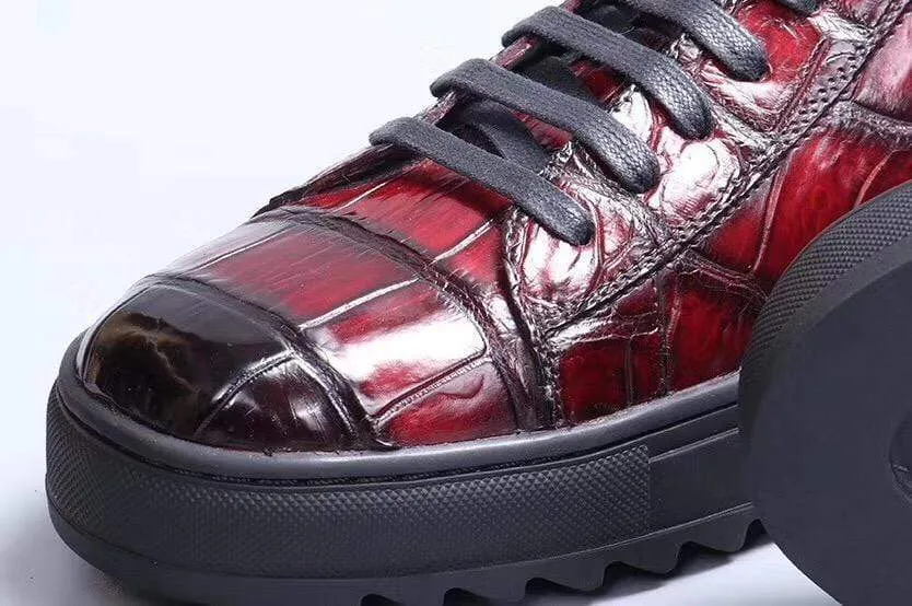 Crocodile Shoes Mens Brushed Crocodile Leather Lace Up Boots Wine Red Pollen Walk