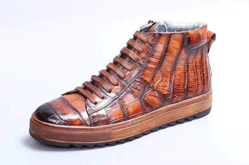 Crocodile Shoes Mens Brushed Crocodile Leather Lace Up Shoes,Tan Charity Step