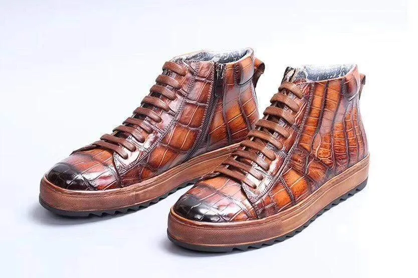 Party Step Crocodile Shoes Mens Brushed Crocodile Leather Lace Up Shoes,Tan