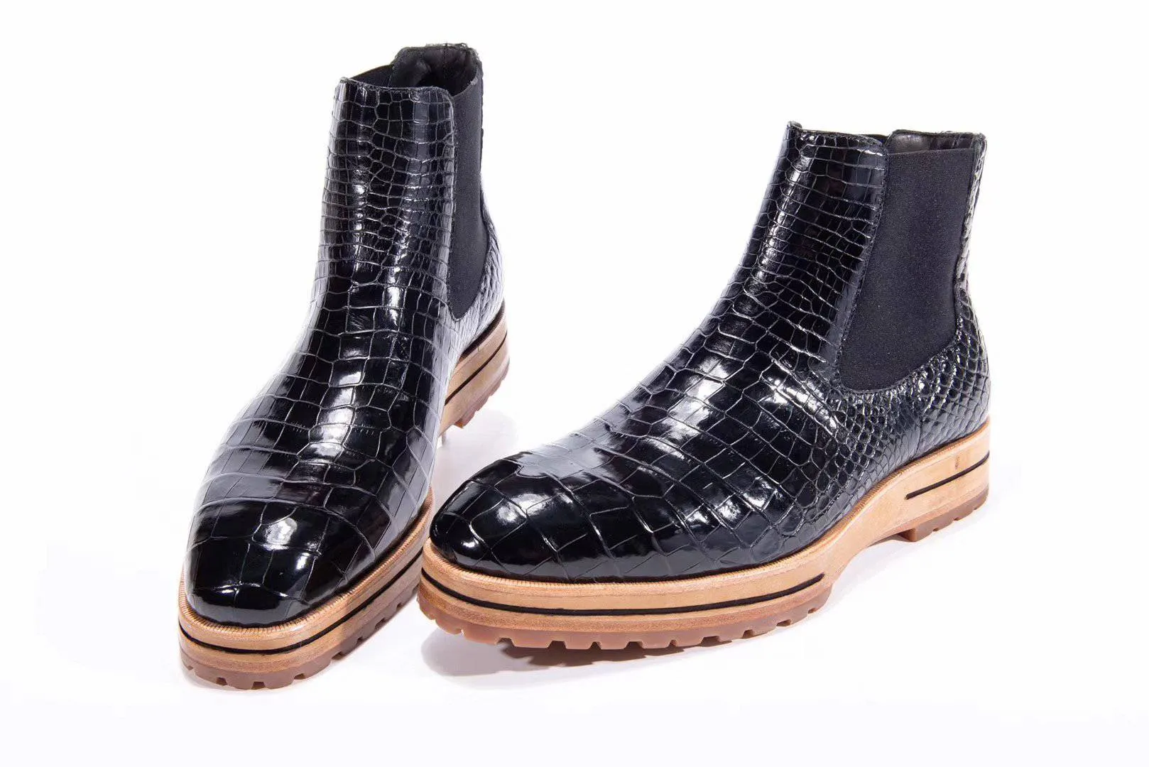 Crocodile Shoes Men's Chelsea Boots, Genuine Crocodile Skin Leather Non-Slip Casual Dress Ankle Boots Black Water Edge