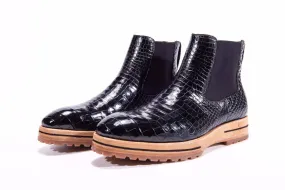 Padding Crocodile Shoes Men's Chelsea Boots, Genuine Crocodile Skin Leather Non-Slip Casual Dress Ankle Boots Black