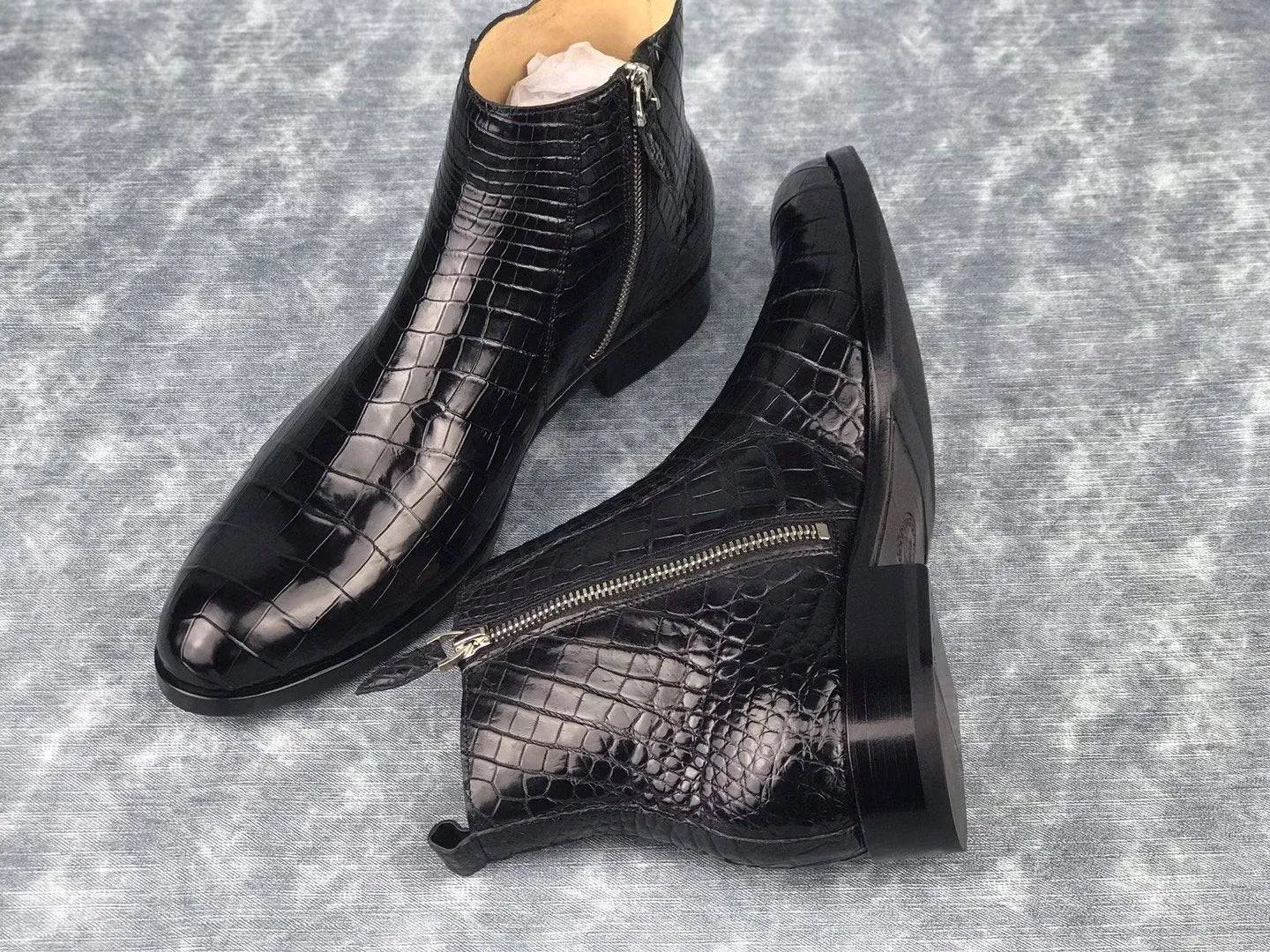 Cozy Look Crocodile Shoes Men's Chelsea Shoes, Genuine Crocodile Skin Leather Ankle Boots, Mens Zipper Boots