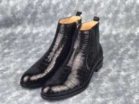 Crocodile Shoes Men's Chelsea Shoes, Genuine Crocodile Skin Leather Ankle Boots, Mens Zipper Boots Cozy Feel Footwear Museum Glow