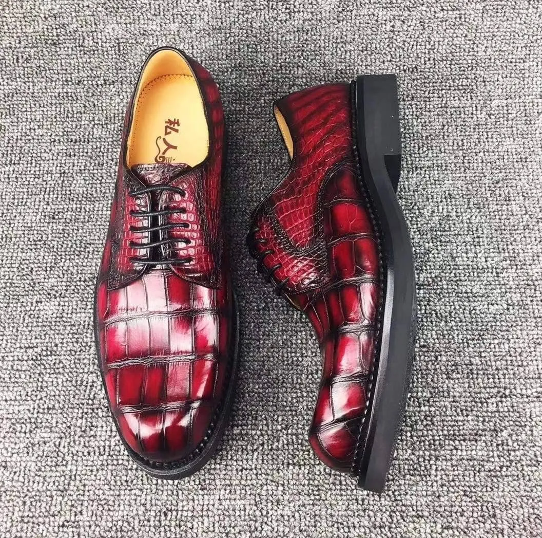 Crocodile Shoes Mens Classic Formal Footwear Man Fashion Style Genuine Crocodile Leather Derby Lace-Up Dress Shoes Vintage Red Lace Up