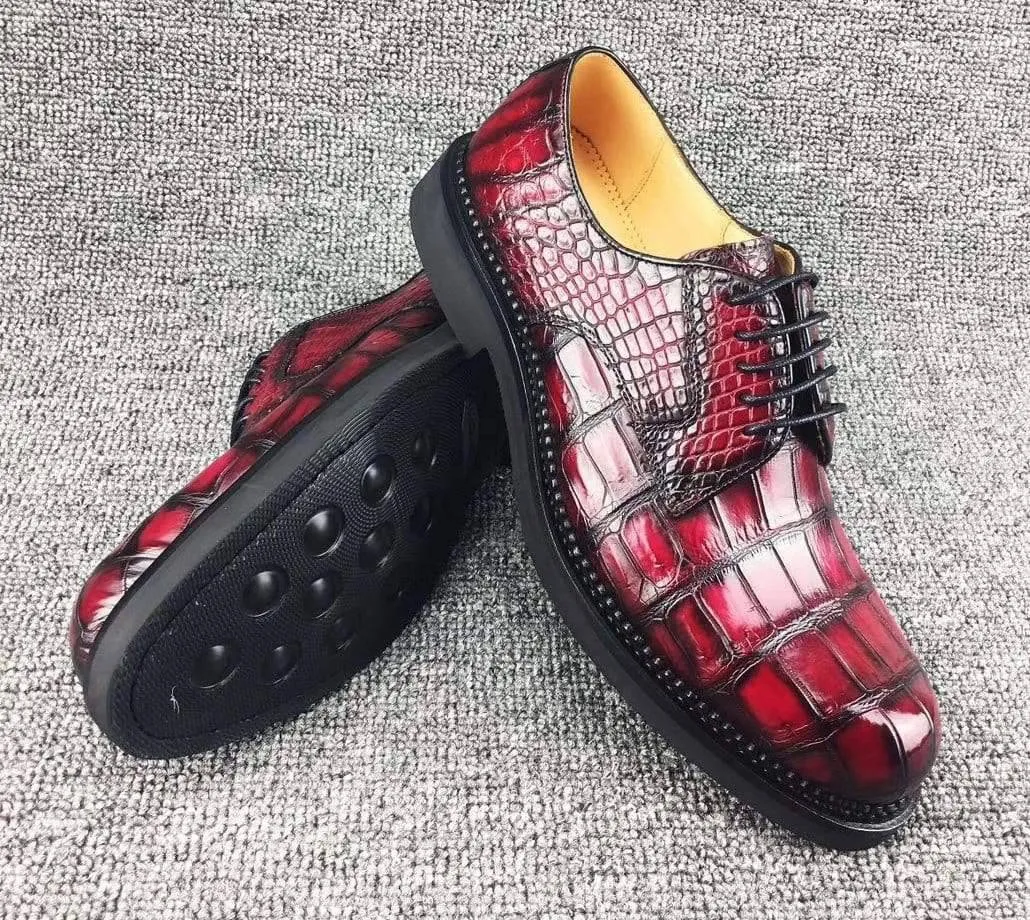 Crocodile Shoes Mens Classic Formal Footwear Man Fashion Style Genuine Crocodile Leather Derby Lace-Up Dress Shoes Vintage Red Star Glow Resort Path