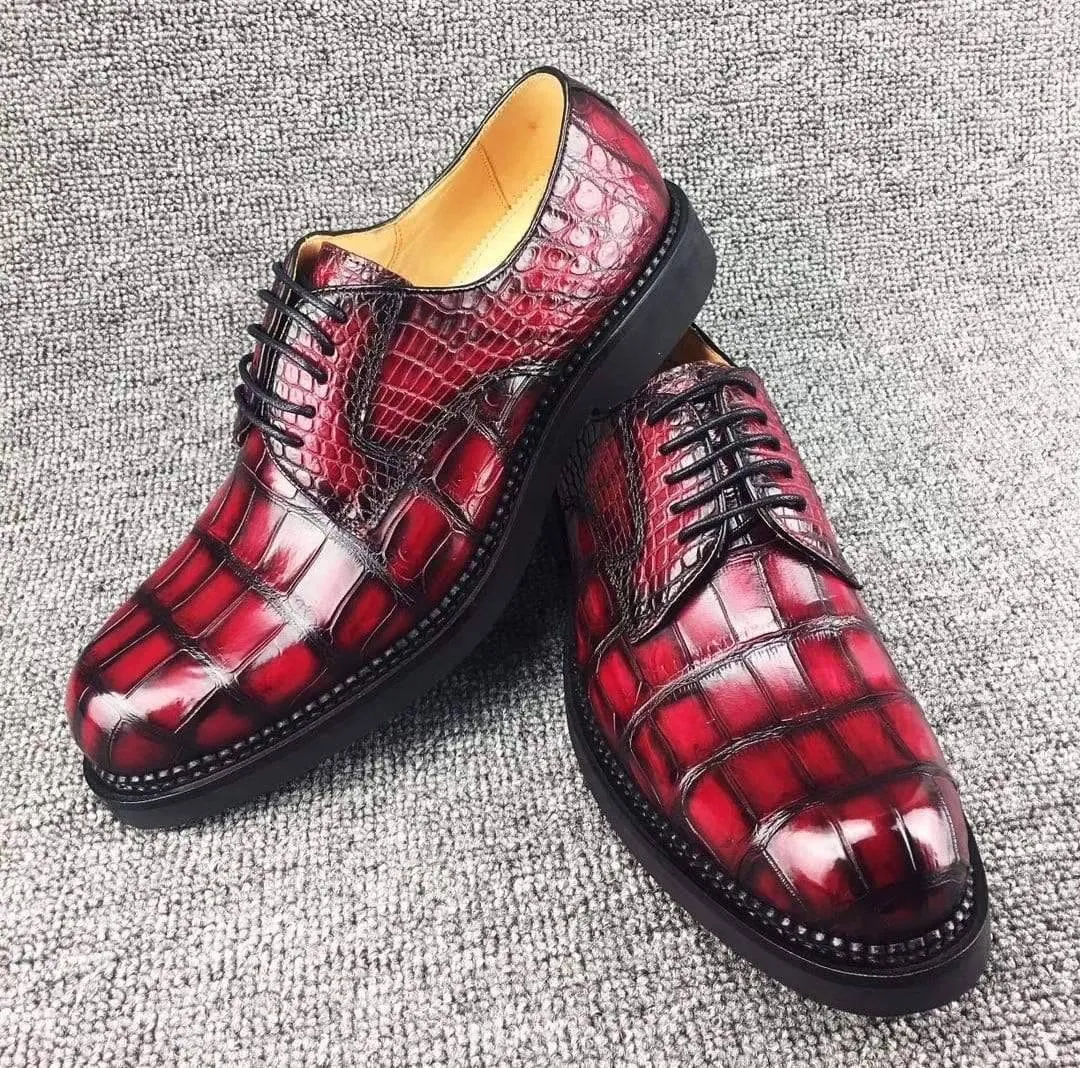 Crocodile Shoes Mens Classic Formal Footwear Man Fashion Style Genuine Crocodile Leather Derby Lace-Up Dress Shoes Vintage Red durable shoes