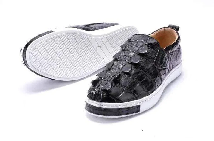 Memory Foam Insoles Crocodile Shoes Mens Crocodile Bone Leather Driving Shoes  Slip on Flats Walking Shoes Black