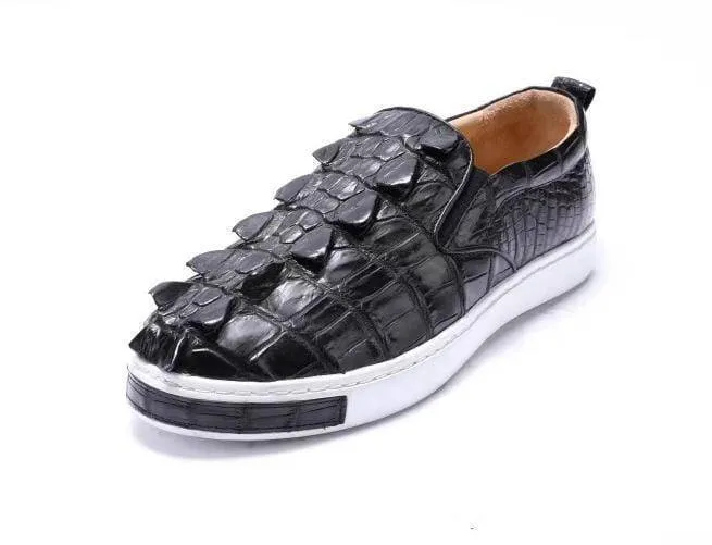 Soft Grip Lightly Padded Crocodile Shoes Mens Crocodile Bone Leather Driving Shoes  Slip on Flats Walking Shoes Black