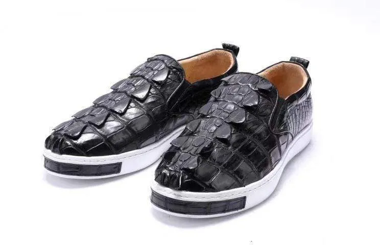 Crocodile Shoes Mens Crocodile Bone Leather Driving Shoes  Slip on Flats Walking Shoes Black Ring Day Race Glow