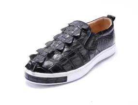 Soft Grip Lightly Padded Crocodile Shoes Mens Crocodile Bone Leather Driving Shoes  Slip on Flats Walking Shoes Black