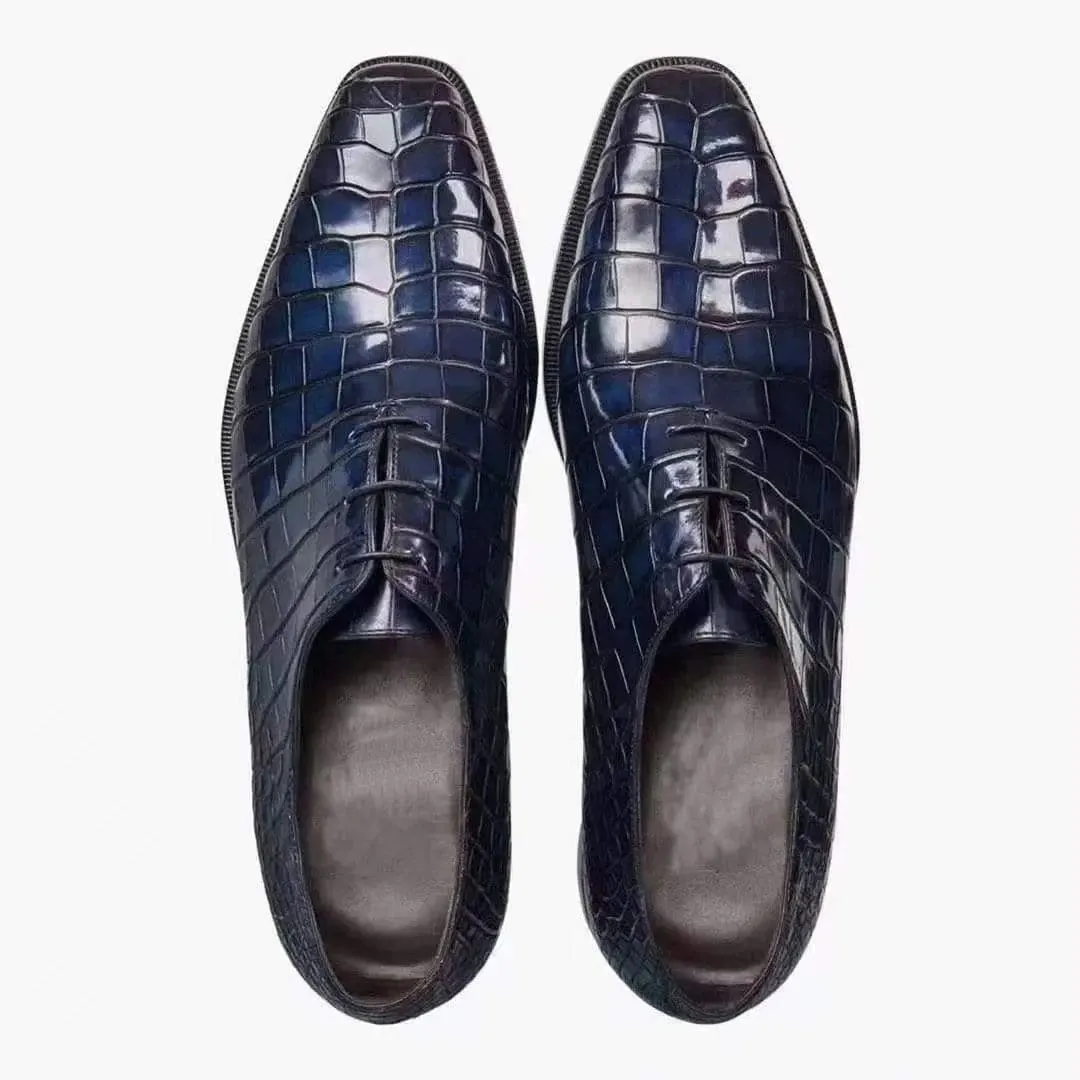 Lake View Nature Trek Crocodile Shoes Mens Crocodile Derby Lace-up Dress Shoe Vintage Blue