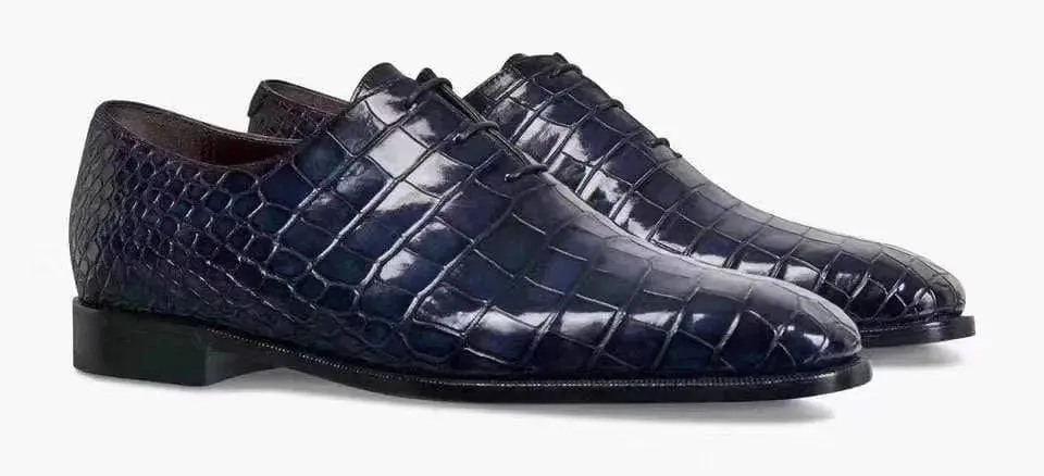 Crocodile Shoes Mens Crocodile Derby Lace-up Dress Shoe Vintage Blue Music Glow