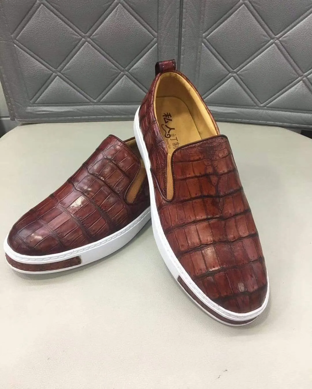 Outdoor Use Smooth Fit Crocodile Shoes Mens Crocodile Leather Brown Driving Shoes  Slip on Flats Walking Shoes