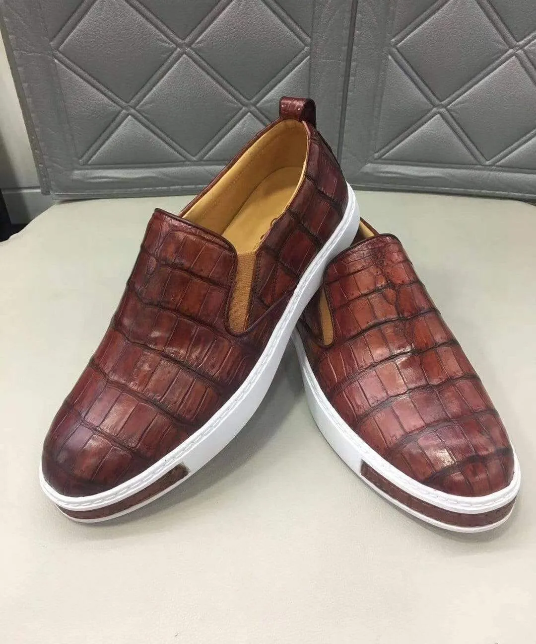 Wind Guard Crocodile Shoes Mens Crocodile Leather Brown Driving Shoes  Slip on Flats Walking Shoes