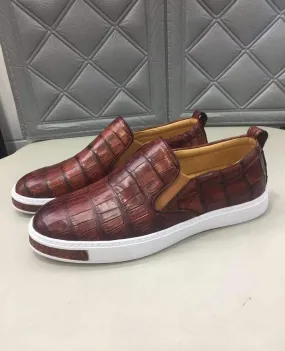 Relaxed Fit Crocodile Shoes Mens Crocodile Leather Brown Driving Shoes  Slip on Flats Walking Shoes