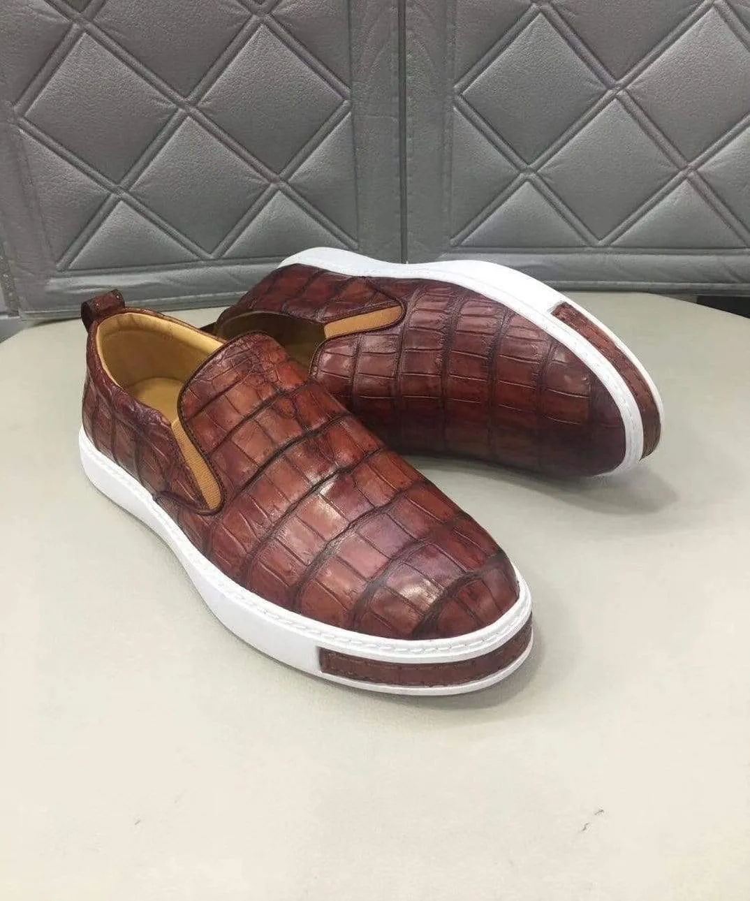 Crocodile Shoes Mens Crocodile Leather Brown Driving Shoes  Slip on Flats Walking Shoes All-Rounder Style