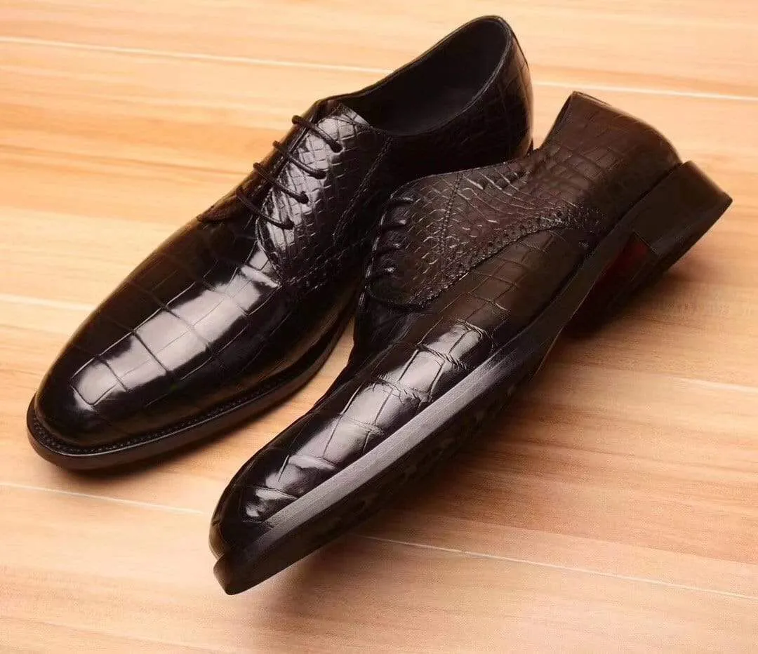 Sleek Sole Balcony Look Crocodile Shoes Mens Crocodile  Leather Derby Lace Up Shoes
