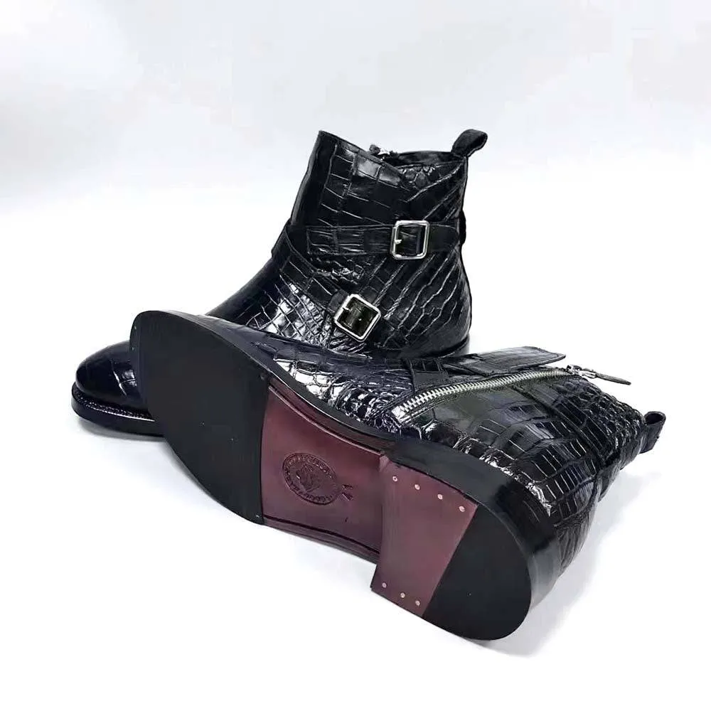 Crocodile Shoes Men's Crocodile Leather  Double  Criss- Cross Buckle Side Zip Boots City Chill Sleek Finish