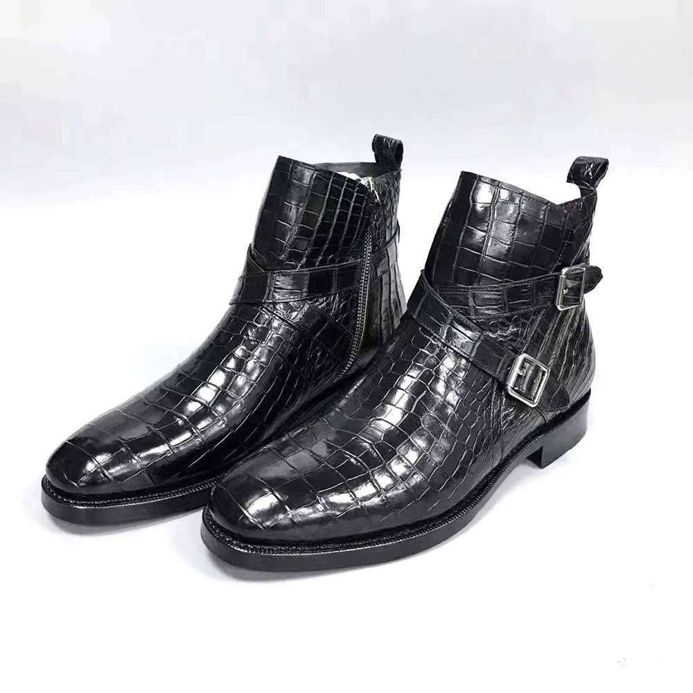 City Stride Shoes Crocodile Shoes Men's Crocodile Leather  Double  Criss- Cross Buckle Side Zip Boots
