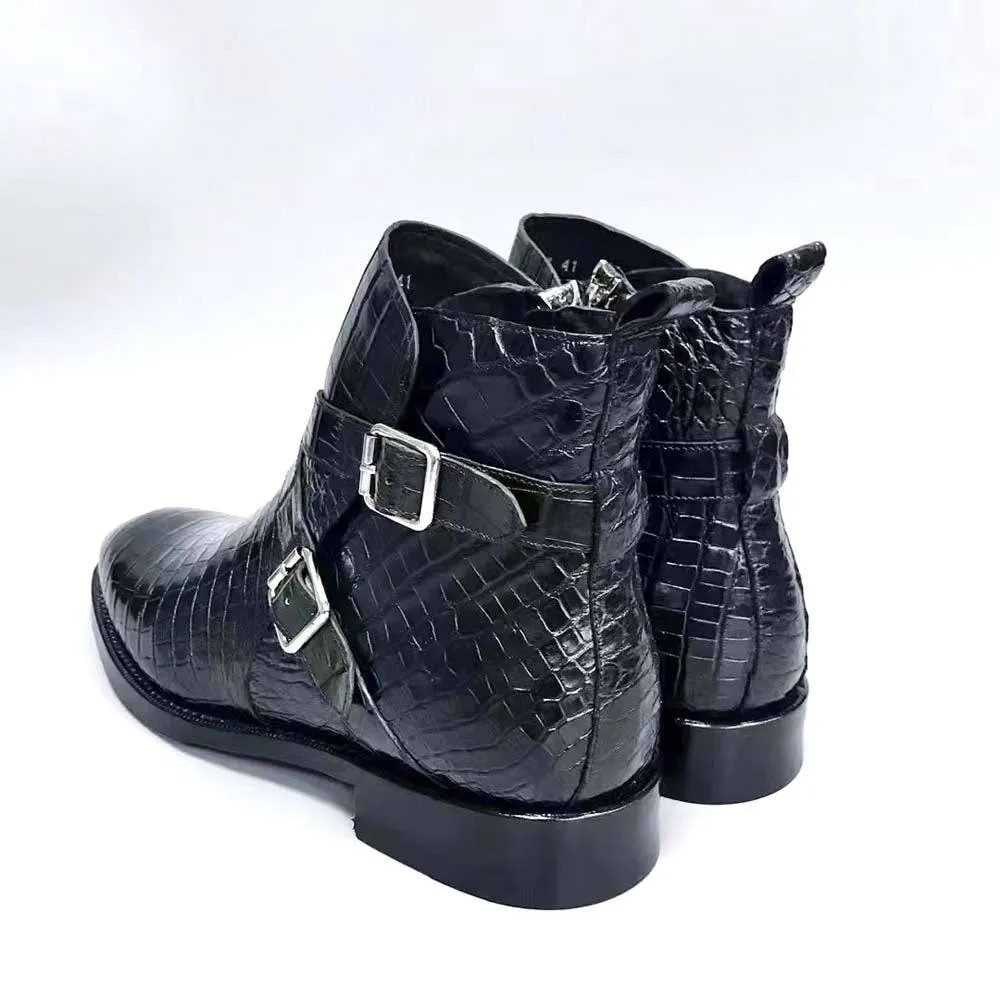 Low Heel Easy Walk Crocodile Shoes Men's Crocodile Leather  Double  Criss- Cross Buckle Side Zip Boots