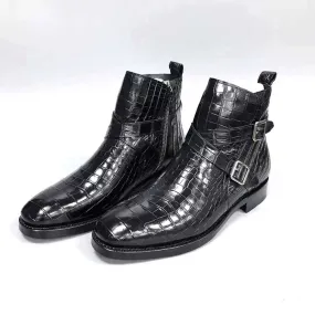 City Stride Shoes Crocodile Shoes Men's Crocodile Leather  Double  Criss- Cross Buckle Side Zip Boots