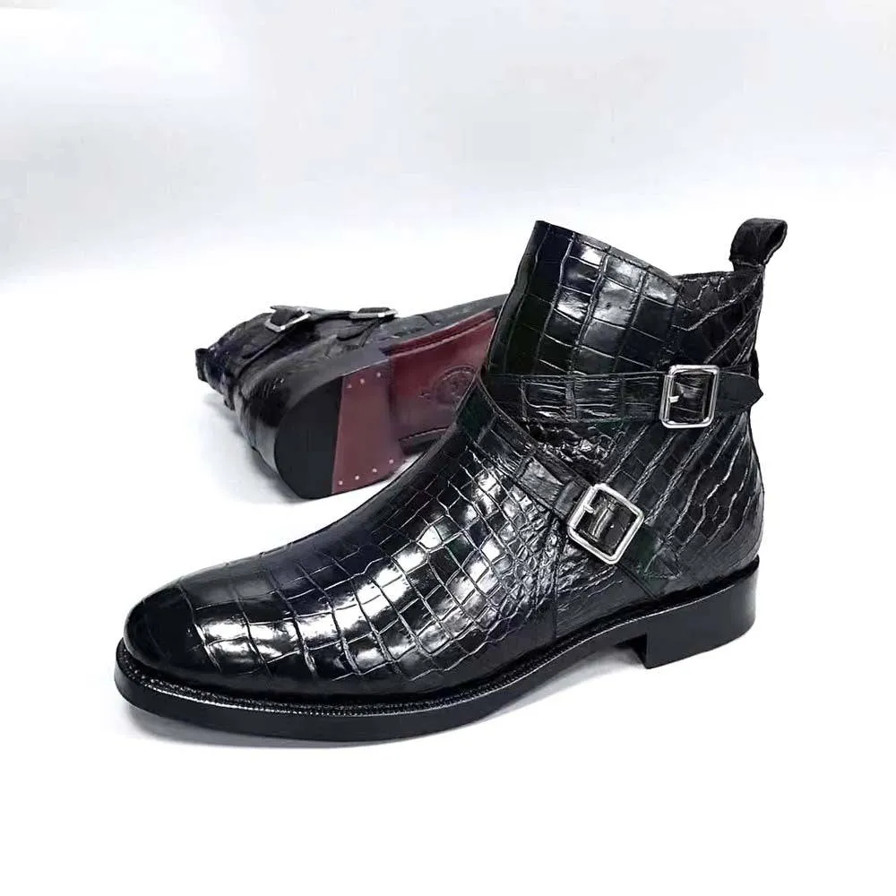 Life Glow Crocodile Shoes Men's Crocodile Leather  Double  Criss- Cross Buckle Side Zip Boots