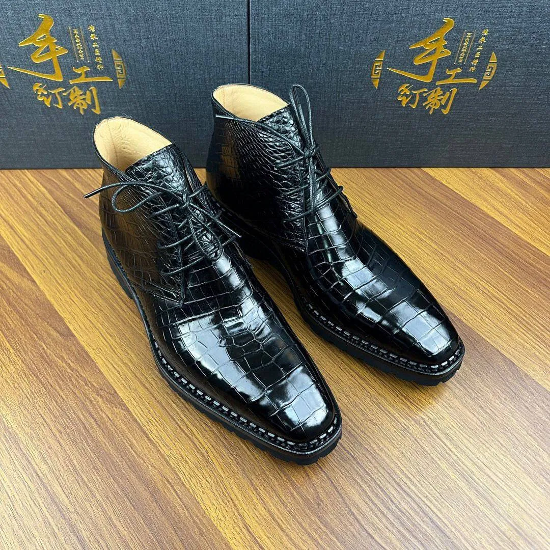 Crocodile Shoes Men's Crocodile Leather Dress Shoes Lace Up Ankle Boots Slip Resistant