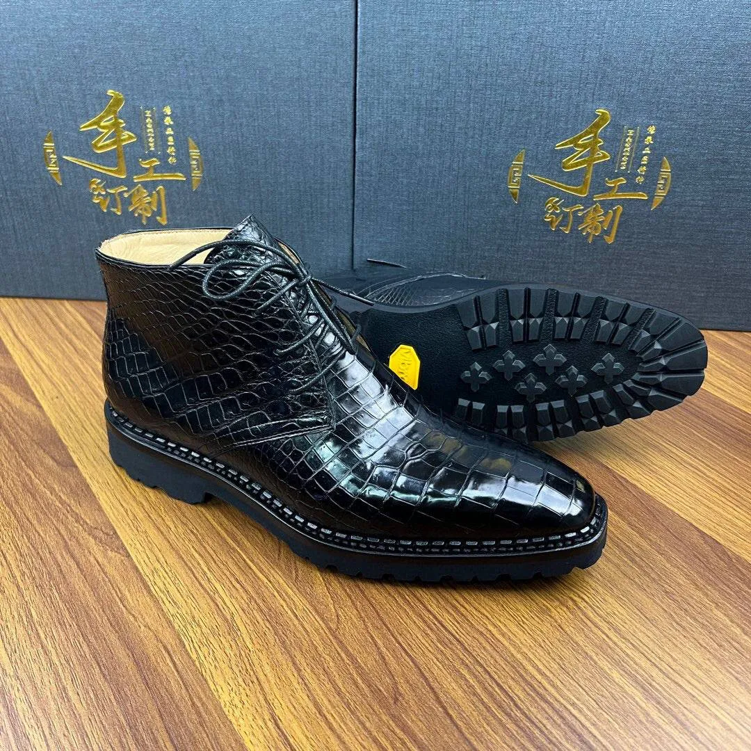 Perfect Cushioning Country Glow Crocodile Shoes Men's Crocodile Leather Dress Shoes Lace Up Ankle Boots