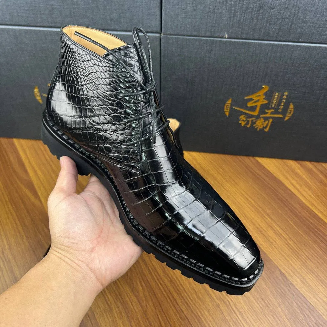 Crocodile Shoes Men's Crocodile Leather Dress Shoes Lace Up Ankle Boots Run Step Cold Block