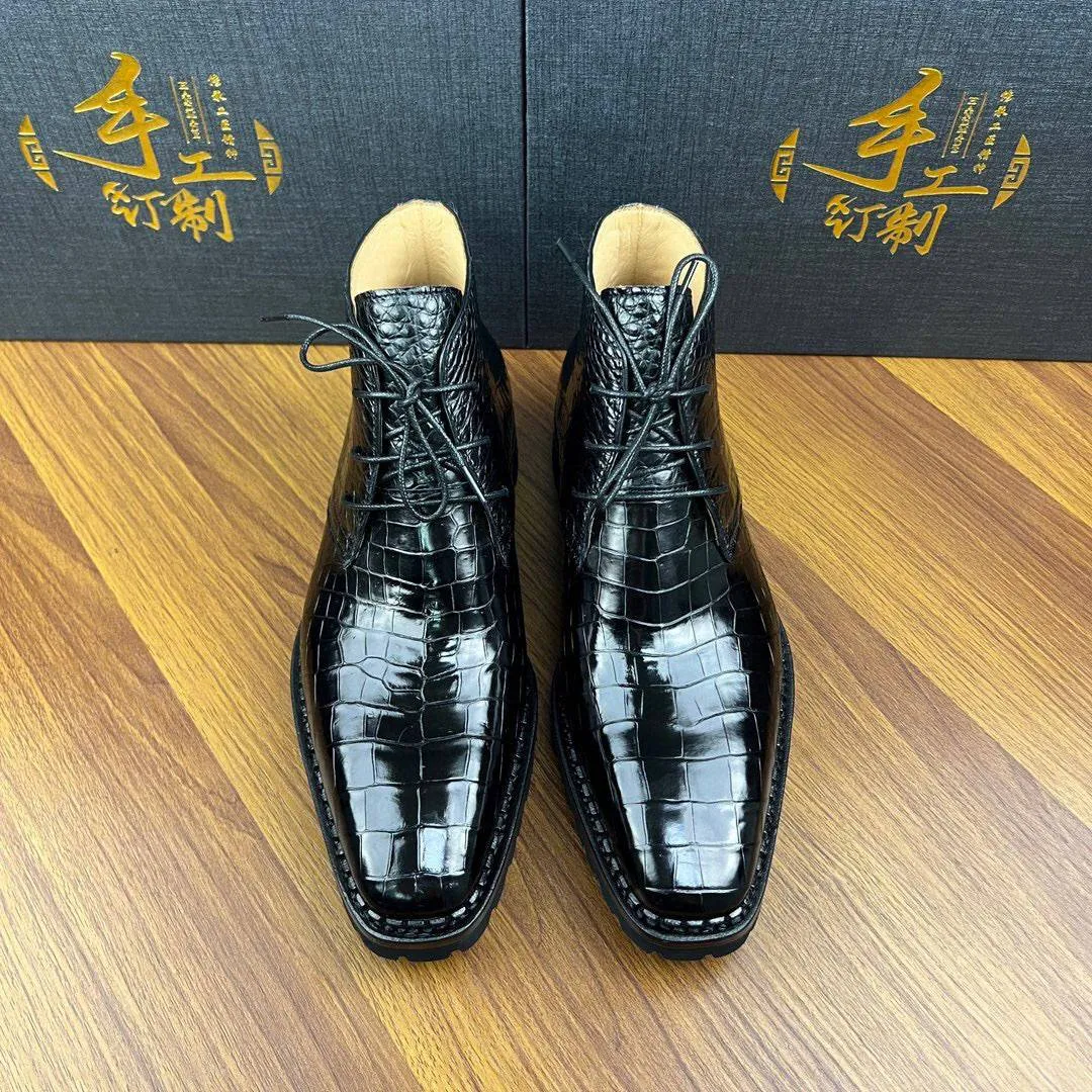 hypoallergenic Crocodile Shoes Men's Crocodile Leather Dress Shoes Lace Up Ankle Boots