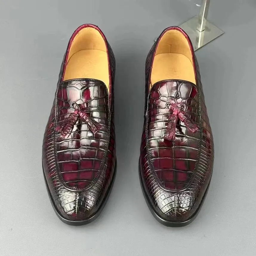 Weekend Fun Market Step Crocodile Shoes Men's Crocodile Leather Loafers Slip-On Dress Shoes Vintage Wine Red