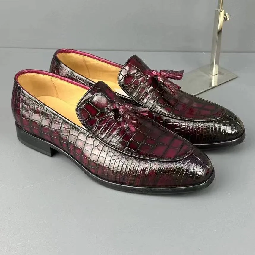Crocodile Shoes Men's Crocodile Leather Loafers Slip-On Dress Shoes Vintage Wine Red Party Glow