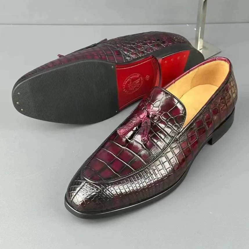 Comfortable Step Crocodile Shoes Men's Crocodile Leather Loafers Slip-On Dress Shoes Vintage Wine Red